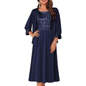 GRACE KARIN Wedding Guest Dress Mother of The Bride Dresses Two Piece Formal Sequin Dress with Jacket Tea Length 2025(Navy Blue)