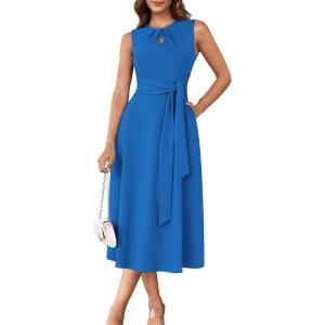 GRACE KARIN Women 2025 Summer Work Dress Sleeveless Tie Waist Elegant Party Cocktail A Line Flowy Midi Dresses with Pockets(Blue)