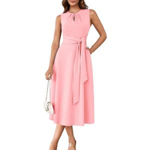 GRACE KARIN Women 2025 Summer Work Dress Sleeveless Tie Waist Elegant Party Cocktail A Line Flowy Midi Dresses with Pockets(Light Pink)