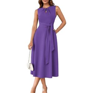 GRACE KARIN Women 2025 Summer Work Dress Sleeveless Tie Waist Elegant Party Cocktail A Line Flowy Midi Dresses with Pockets(Purple)