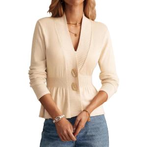 GRACE KARIN Women Cardigan Sweaters 2025 Fall,Long Sleeve Cropped Sweater Coat Trendy,Button Front Peplum Tops Lightweight(Apricot)