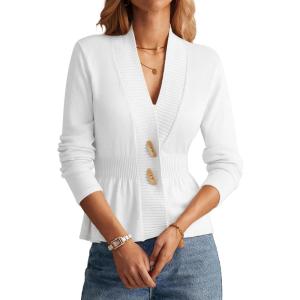 GRACE KARIN Women Cardigan Sweaters 2025 Fall,Long Sleeve Cropped Sweater Coat Trendy,Button Front Peplum Tops Lightweight(Bright White)