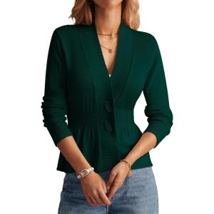 GRACE KARIN Women Cardigan Sweaters 2025 Fall,Long Sleeve Cropped Sweater Coat Trendy,Button Front Peplum Tops Lightweight(Dark Green)