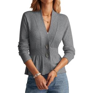 GRACE KARIN Women Cardigan Sweaters 2025 Fall,Long Sleeve Cropped Sweater Coat Trendy,Button Front Peplum Tops Lightweight(Gray)