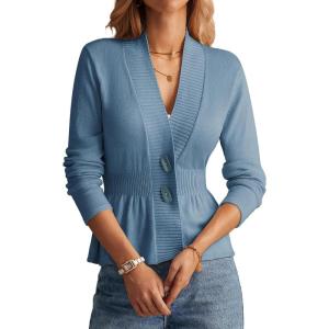 GRACE KARIN Women Cardigan Sweaters 2025 Fall,Long Sleeve Cropped Sweater Coat Trendy,Button Front Peplum Tops Lightweight(Gray Blue)