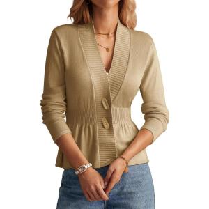 GRACE KARIN Women Cardigan Sweaters 2025 Fall,Long Sleeve Cropped Sweater Coat Trendy,Button Front Peplum Tops Lightweight(Khaki)