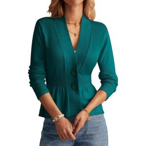 GRACE KARIN Women Cardigan Sweaters 2025 Fall,Long Sleeve Cropped Sweater Coat Trendy,Button Front Peplum Tops Lightweight(Peacock Blue)