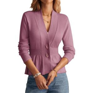 GRACE KARIN Women Cardigan Sweaters 2025 Fall,Long Sleeve Cropped Sweater Coat Trendy,Button Front Peplum Tops Lightweight(Pink)