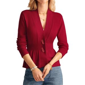 GRACE KARIN Women Cardigan Sweaters 2025 Fall,Long Sleeve Cropped Sweater Coat Trendy,Button Front Peplum Tops Lightweight(Red)