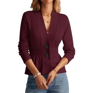 GRACE KARIN Women Cardigan Sweaters 2025 Fall,Long Sleeve Cropped Sweater Coat Trendy,Button Front Peplum Tops Lightweight(Wine Red)