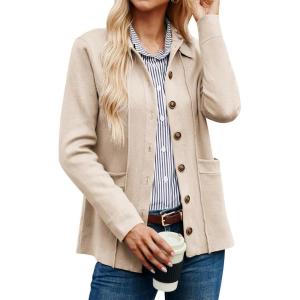 GRACE KARIN Women Casual Cardigan Knit Button Down Jacket Long Sleeve Sweater Blazer with Pockets(Apricot)