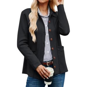 GRACE KARIN Women Casual Cardigan Knit Button Down Jacket Long Sleeve Sweater Blazer with Pockets(Black)