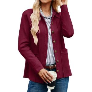 GRACE KARIN Women Casual Cardigan Knit Button Down Jacket Long Sleeve Sweater Blazer with Pockets(Burgundy)