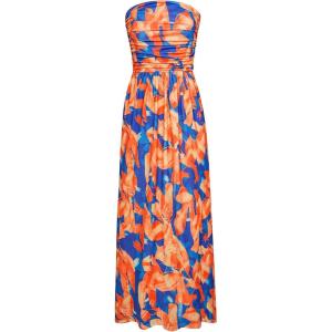 GRACE KARIN Women Strapless Dress Casual Loose Ruched Long Maxi Dress with Pockets(Blue Orange)