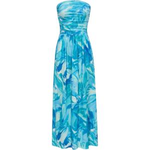 GRACE KARIN Women Strapless Dress Casual Loose Ruched Long Maxi Dress with Pockets(Blue Watercolor Flower)