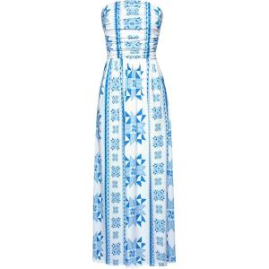 GRACE KARIN Women Strapless Dress Casual Loose Ruched Long Maxi Dress with Pockets(Star Vertical Floral)