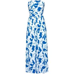 GRACE KARIN Women Strapless Dress Casual Loose Ruched Long Maxi Dress with Pockets(White Blue Floral)