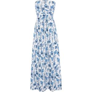 GRACE KARIN Women Strapless Dress Casual Loose Ruched Long Maxi Dress with Pockets(White Blue Flower)