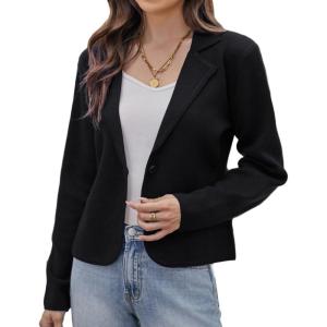 GRACE KARIN Women Sweater Blazer Casual Work Croppped Cardigan Lightweight Button Front Short Knit Blazer Jacket S-XXL(Black)