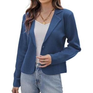 GRACE KARIN Women Sweater Blazer Casual Work Croppped Cardigan Lightweight Button Front Short Knit Blazer Jacket S-XXL(Blue)