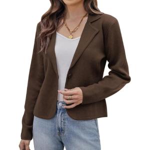 GRACE KARIN Women Sweater Blazer Casual Work Croppped Cardigan Lightweight Button Front Short Knit Blazer Jacket S-XXL(Brown)