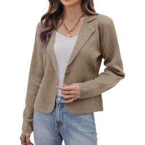 GRACE KARIN Women Sweater Blazer Casual Work Croppped Cardigan Lightweight Button Front Short Knit Blazer Jacket S-XXL(Khaki)