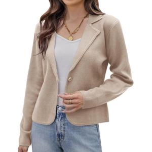 GRACE KARIN Women Sweater Blazer Casual Work Croppped Cardigan Lightweight Button Front Short Knit Blazer Jacket S-XXL(Light Khaki)