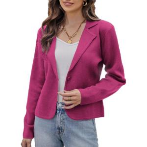 GRACE KARIN Women Sweater Blazer Casual Work Croppped Cardigan Lightweight Button Front Short Knit Blazer Jacket S-XXL(Magenta)