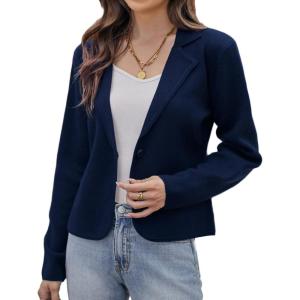 GRACE KARIN Women Sweater Blazer Casual Work Croppped Cardigan Lightweight Button Front Short Knit Blazer Jacket S-XXL(Navy Blue)