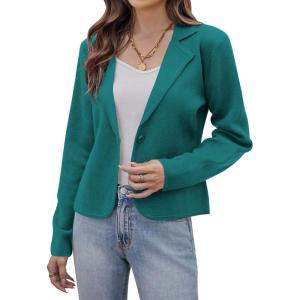 GRACE KARIN Women Sweater Blazer Casual Work Croppped Cardigan Lightweight Button Front Short Knit Blazer Jacket S-XXL(Peacock Blue)
