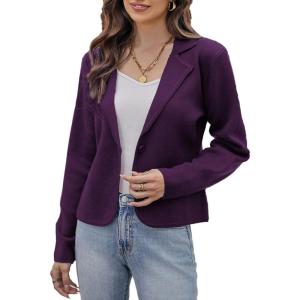 GRACE KARIN Women Sweater Blazer Casual Work Croppped Cardigan Lightweight Button Front Short Knit Blazer Jacket S-XXL(Purple)