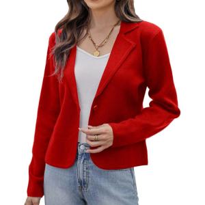 GRACE KARIN Women Sweater Blazer Casual Work Croppped Cardigan Lightweight Button Front Short Knit Blazer Jacket S-XXL(Red)
