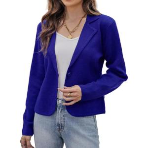 GRACE KARIN Women Sweater Blazer Casual Work Croppped Cardigan Lightweight Button Front Short Knit Blazer Jacket S-XXL(Royal Blue)