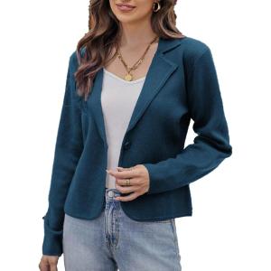 GRACE KARIN Women Sweater Blazer Casual Work Croppped Cardigan Lightweight Button Front Short Knit Blazer Jacket S-XXL(Teal Blue)