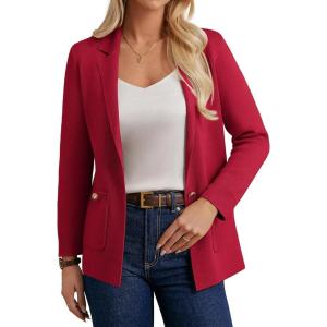 GRACE KARIN Women Sweater Blazers Business Casual Long Sleeve Work Cardigan Open Front Lapel Suit Jackets with Pockets(Red)