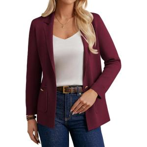 GRACE KARIN Women Sweater Blazers Business Casual Long Sleeve Work Cardigan Open Front Lapel Suit Jackets with Pockets(Wine Red)