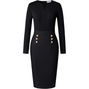 GRACE KARIN Women’s 2026 Fall Henly V Neck Business Work Dress Long Sleeve Bodycon Midi Elegant Office Sheath Dress(Black)