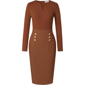 GRACE KARIN Women’s 2026 Fall Henly V Neck Business Work Dress Long Sleeve Bodycon Midi Elegant Office Sheath Dress(Brown)