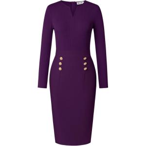 GRACE KARIN Women’s 2026 Fall Henly V Neck Business Work Dress Long Sleeve Bodycon Midi Elegant Office Sheath Dress(Dark Purple)