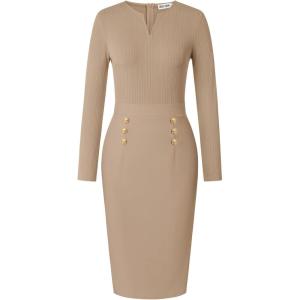 GRACE KARIN Women’s 2026 Fall Henly V Neck Business Work Dress Long Sleeve Bodycon Midi Elegant Office Sheath Dress(Khaki)