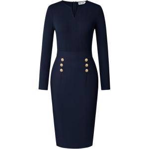 GRACE KARIN Women’s 2026 Fall Henly V Neck Business Work Dress Long Sleeve Bodycon Midi Elegant Office Sheath Dress(Navy)