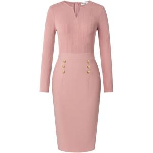 GRACE KARIN Women’s 2026 Fall Henly V Neck Business Work Dress Long Sleeve Bodycon Midi Elegant Office Sheath Dress(Pink)