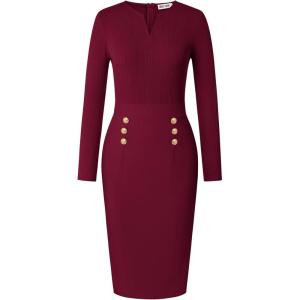GRACE KARIN Women’s 2026 Fall Henly V Neck Business Work Dress Long Sleeve Bodycon Midi Elegant Office Sheath Dress(Wine Red)