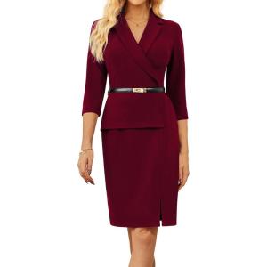 GRACE KARIN Women’s Bodycon Work Dress 3/4 Sleeve Church Teacher Business Office Wear to Work Sheath Suit Dresses with Belt(Wine Red)