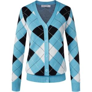 GRACE KARIN Womens Cardigan Sweater Spring Fashion Long Sleeve Argyle Sweater V Neck Button Up Cardigan Preppy Clothes(Blue White)