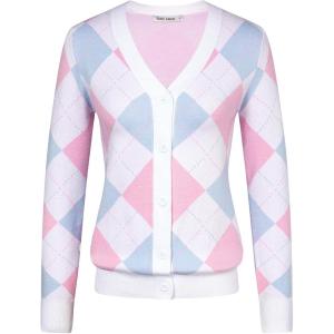 GRACE KARIN Womens Cardigan Sweater Spring Fashion Long Sleeve Argyle Sweater V Neck Button Up Cardigan Preppy Clothes(Light Blue Pink)