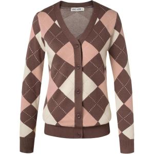 GRACE KARIN Womens Cardigan Sweater Spring Fashion Long Sleeve Argyle Sweater V Neck Button Up Cardigan Preppy Clothes(Pink Coffee)