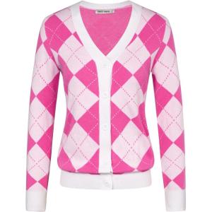 GRACE KARIN Womens Cardigan Sweater Spring Fashion Long Sleeve Argyle Sweater V Neck Button Up Cardigan Preppy Clothes(Pink White)