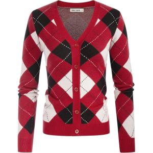 GRACE KARIN Womens Cardigan Sweater Spring Fashion Long Sleeve Argyle Sweater V Neck Button Up Cardigan Preppy Clothes(Plaid Deep Red)