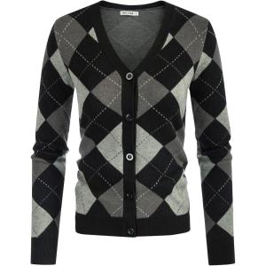 GRACE KARIN Womens Cardigan Sweater Spring Fashion Long Sleeve Argyle Sweater V Neck Button Up Cardigan Preppy Clothes(Plaid Gray Black)